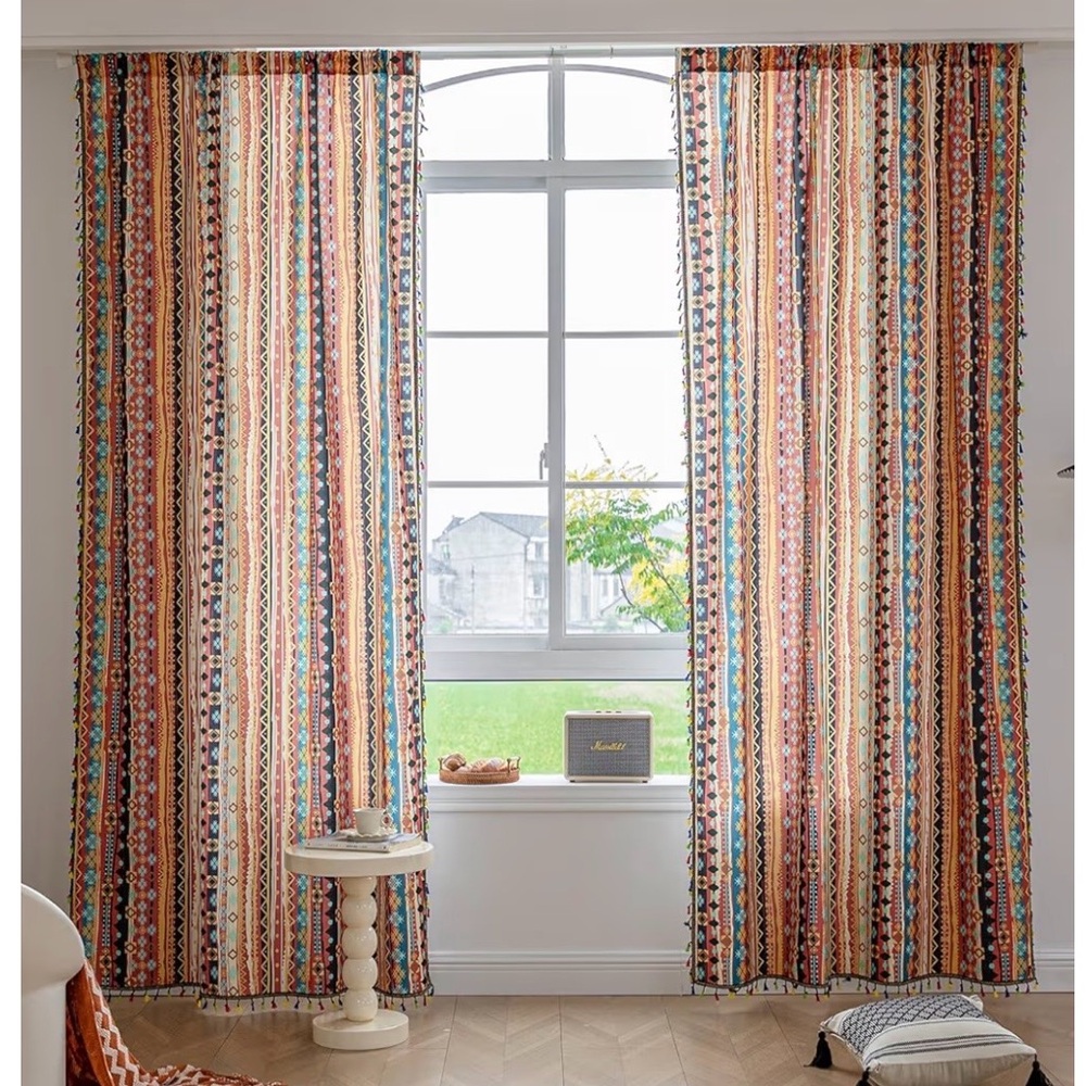 Striped Boho Window Curtains in Rust, Cream & Blue (5 panels)